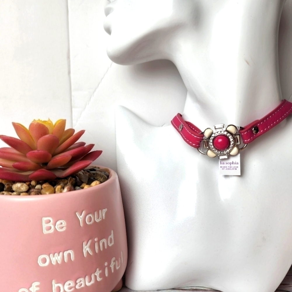 LIA SOPHIA HOT PINK RHINESTONES LEATHER CHOCKER NECKLACE NEW‎ SUMMER VACATION